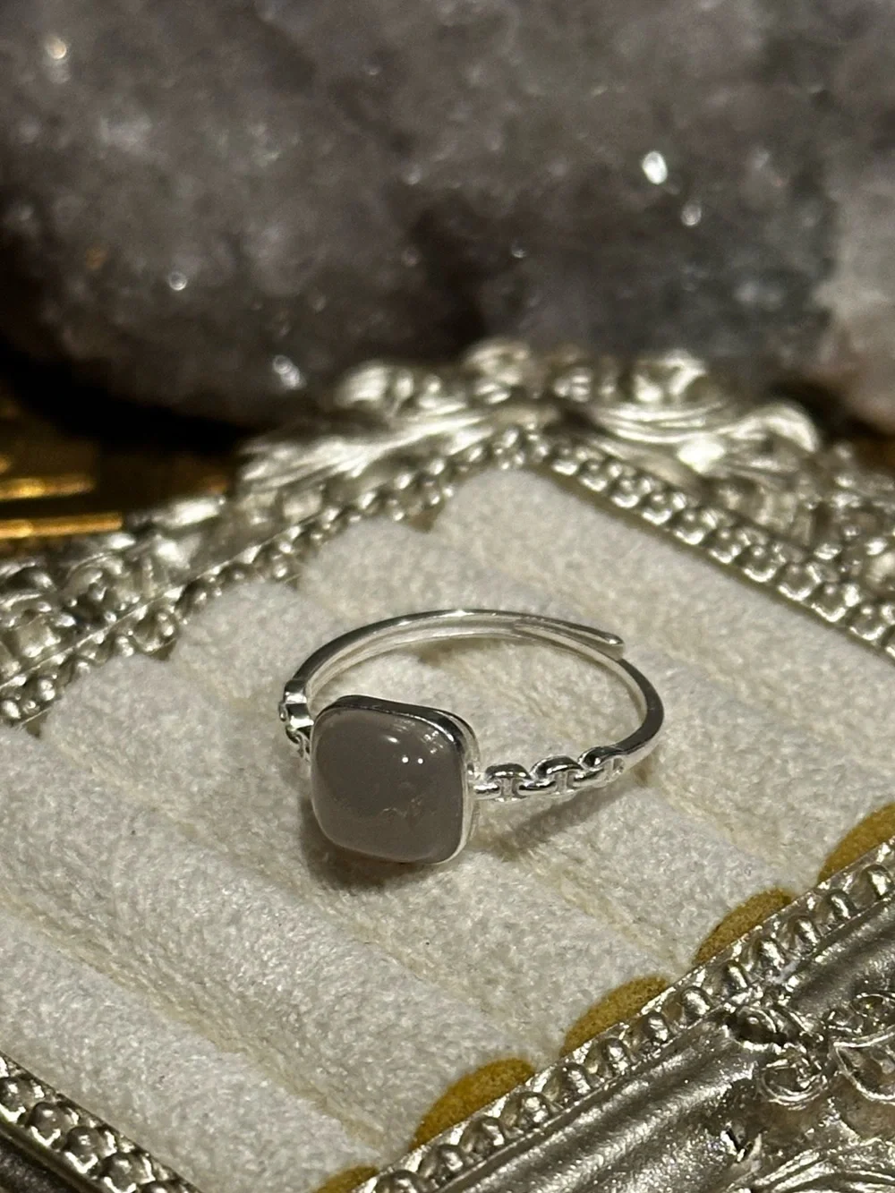 Midnight Jade Sterling Silver Link Ring S925 Adjustable Size 6–9